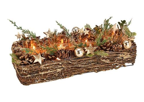 Adventsgesteck, Teelichthalter für 4er Teelichter aus Holz, Kunststoff, Glas Braun (B/H/T) 40x10x15cm