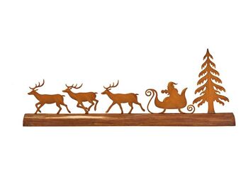 Support traîneau du Père Noël, finition rouillée en métal sur socle en bois marron (L/H/P) 46x16x5cm