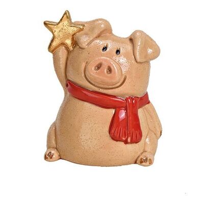 Cerdo con estrella de cerámica beige (An/Al/Pr) 8x9x6cm