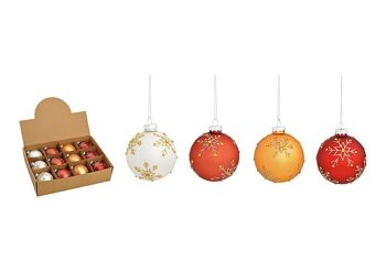 Boule de Noël décoration flocon de neige en verre, 4 fois, blanc/rouge/orange Ø8cm