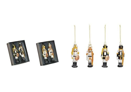 Weihnachtshänger Nussknacker aus Glas, 2-fach, 2er-Set, Schwarz/Weiß/Gold (B/H/T) 4x12x3cm/12x15x4cm