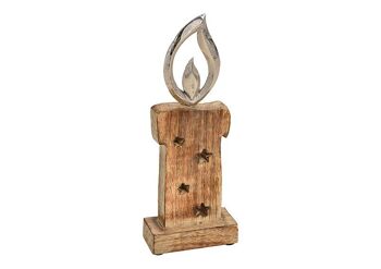 Bougeoir avec flamme métallique en bois marron (L/H/P) 10x27x5cm