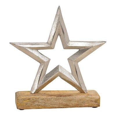 Soporte de estrella sobre base de madera de metal plateado (An/Al/Pr) 21x21x5cm