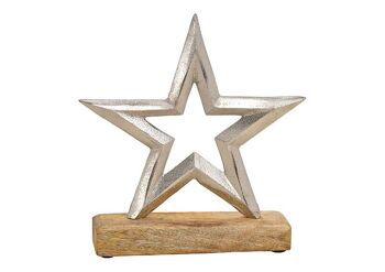 Support étoile sur socle en bois en métal argenté (L/H/P) 21x21x5cm