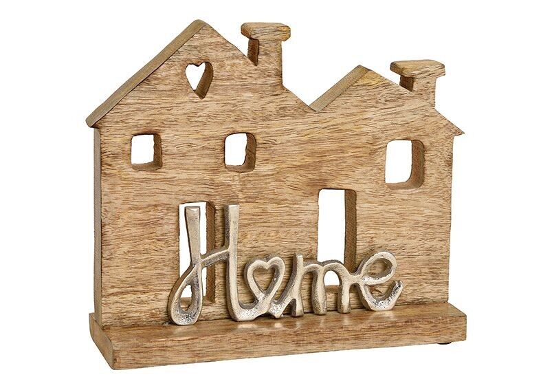 Stand house with metal lettering, Home, made of wood brown (W/H/D) 24x21x7cm