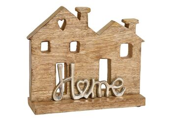 Support de maison avec inscription en métal, Home, en bois marron (L/H/P) 24x21x7cm