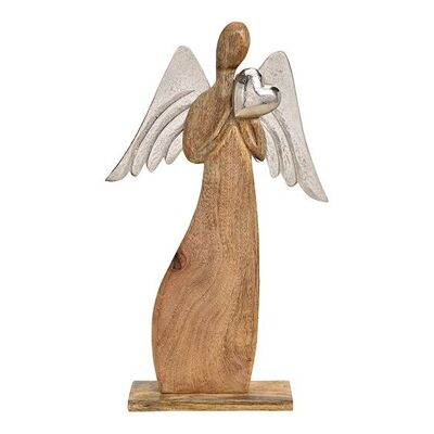 Engel mit Metall Flügeln, Herz aus Holz Braun (B/H/T) 30x51x7cm