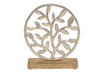 Support d'arbre en cercle, sur un socle en bois en métal argenté (L/H/P) 19x23x5cm