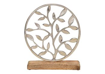 Support d'arbre en cercle, sur un socle en bois en métal argenté (L/H/P) 24x28x5cm