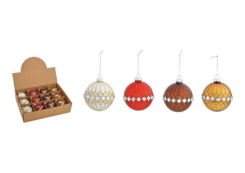 Palline di Natale con pietre glitterate in vetro, 4 volte, bianco/rosso/marrone/oro Ø8cm
