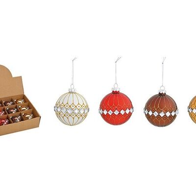 Boule de Noël pierres pailletées en verre, 4 fois, blanc/rouge/marron/or Ø8cm