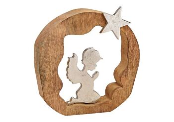 Support ange en métal en bois de manguier cercle marron, argent (L/H/P) 20x20x4cm