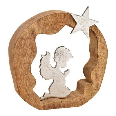 Supporto per angelo in metallo con cerchio in legno di mango marrone, argento (L/A/P) 25x25x5 cm