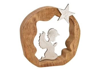 Support ange en métal en bois de manguier cercle marron, argent (L/H/P) 25x25x5cm