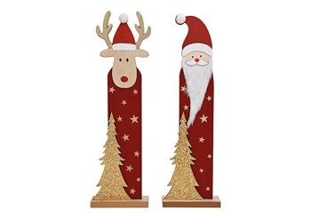 Support Père Noël, élan en bois, textile rouge, 2 volets, (L/H/P) 15x50x6cm