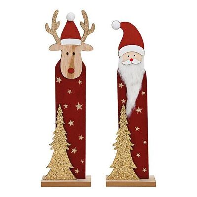 Support Père Noël, élan en bois, textile rouge, 2 volets, (L/H/P) 12x42x5cm