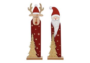 Support Père Noël, élan en bois, textile rouge, 2 volets, (L/H/P) 12x42x5cm