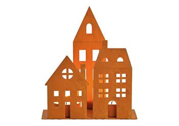 Photophore maison, finition rouillée, pour 2 bougies chauffe-plat en métal marron (L/H/P) 13x16x5cm