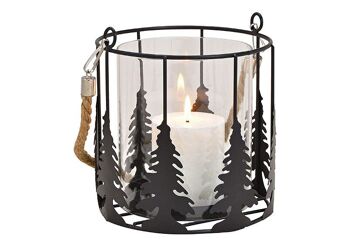 Lanterne décor sapin de Noël en verre, métal transparent, noir (L/H/P) 16x17x16cm