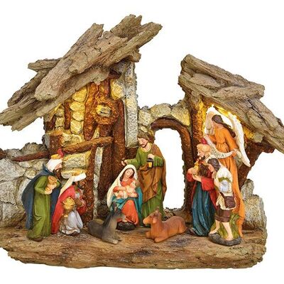 Crèche de Noël avec lumière LED en poly coloré (L/H/P) 29x23x11cm