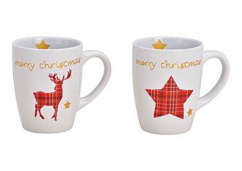 Mug Joyeux Noël, décor étoile, cerf en céramique blanche 2 plis, (L/H/P) 12x10x8cm 350ml