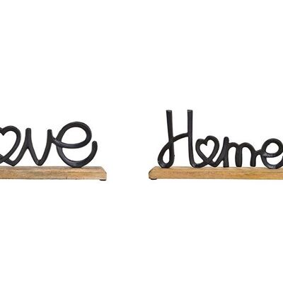 Stand scritta, Love, Home, su base in legno di mango in metallo nero (L/A/P) 33x18x5 cm