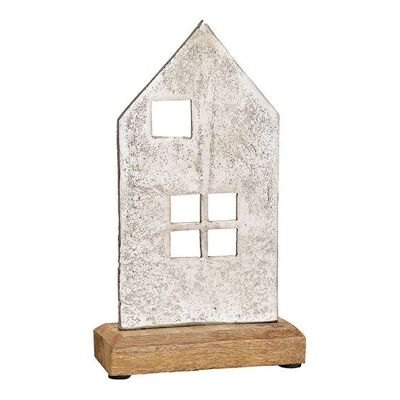 Aufsteller Haus auf Mangoholz Sockel aus Metall Silber (B/H/T) 12x22x5cm