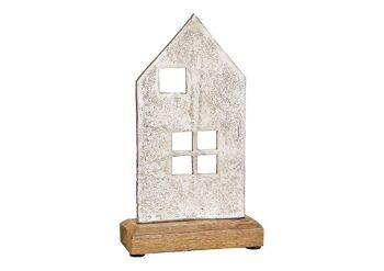 Support de maison sur socle en bois de manguier en métal argenté (L/H/P) 12x22x5cm