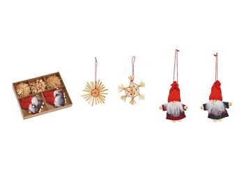 Cintre de Noël Père Noël 4 pcs. en textile (L/H/P) 6x8x2cm, étoile en paille 12 pièces. Ø6cm, lot de 16, rouge/naturel (L/H/P) 19x2x14cm