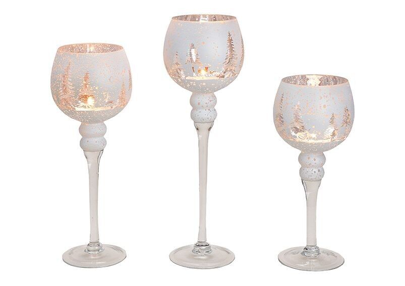 Set calice lanterna, decoro foresta invernale 30, 35, 40 cm x Ø13 cm in vetro bianco, set da 3