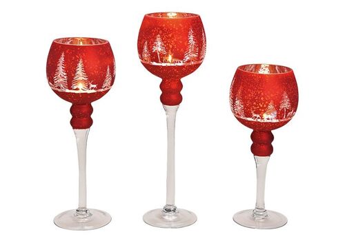 Windlicht Set Kelch, Winterwald Dekor Rot 30, 35, 40cm x Ø13cm aus Glas 3er Set