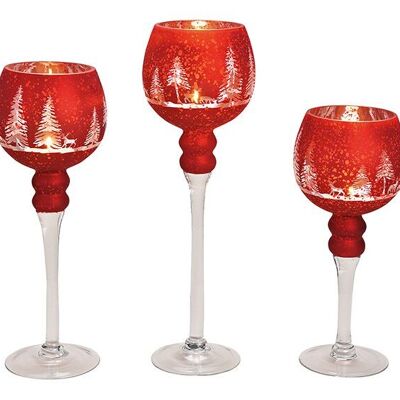 Set lanterna calice, decoro foresta invernale rosso 30, 35, 40 cm x Ø13 cm in vetro, set da 3