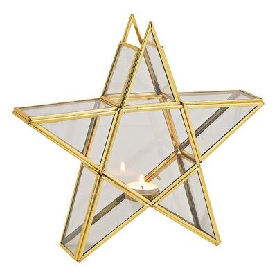 Farol estrella, para 1 candelita de vidrio, metal dorado (An/Al/Pr) 29x28x7cm