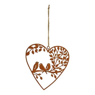 Corazón colgante, decoración de pájaros, acabado oxidado de metal marrón (ancho/alto) 12x13cm