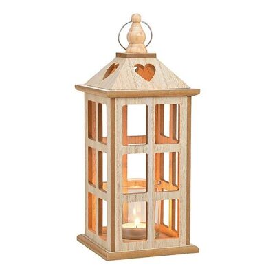 Farol, portavelas de madera, vidrio natural (An/Al/Pr) 13x32x13cm