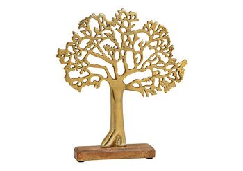 Pied d'arbre en métal sur socle en bois de manguier doré, marron (L/H/P) 30x33x5cm