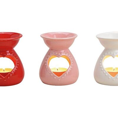Lámpara aromática decorativa en forma de corazón de cerámica rojo, rosa, blanco 3 veces, (An/Al/Pr) 8x10x8cm