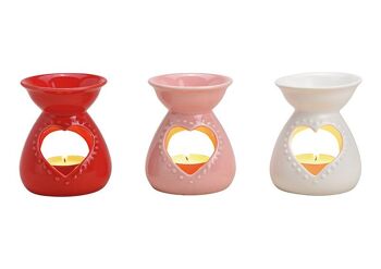 Lampe à parfum décor coeur en céramique rouge, rose, blanc triple, (L/H/P) 8x10x8cm