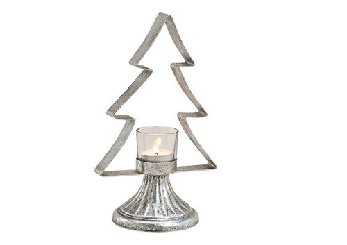 Teelichthalter Tannenbaum aus Metall, Glas Silber (B/H/T) 15x26x10cm