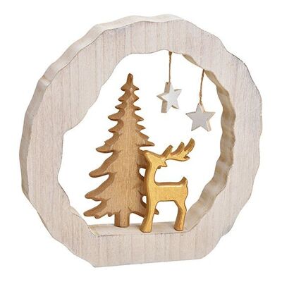 Support de cerf avec arbre en cercle en bois naturel, or (L/H/P) 28x28x4cm