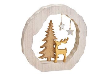 Support de cerf avec arbre en cercle en bois naturel, or (L/H/P) 28x28x4cm