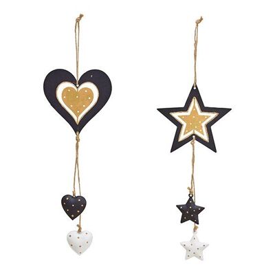 Appendino natalizio stella/cuore in metallo, 2 pieghe, nero/oro (L/A/P) 11x26x1 cm