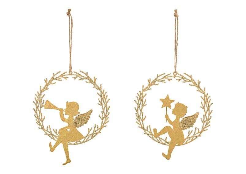 Angelo da appendere in metallo dorato 2 volte, (L/A/P) 13x15x1 cm