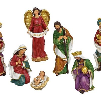 Crèche de Noël en poly coloré, lot de 7, (H) 8-38 cm