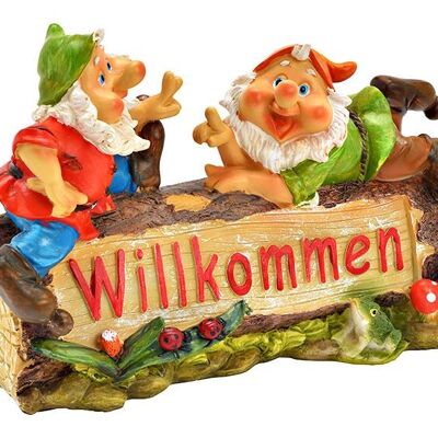 Enanos de jardín sobre un baúl de madera, bienvenidos, hechos de poliéster de colores (An/Al/Pr) 26x19x11cm