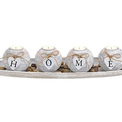 Set portacandele da 4 su vassoio con pietre HOME, in MDF bianco (L/A/P) 50x10x18 cm