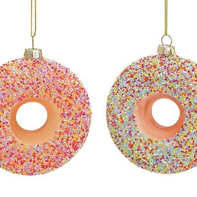 Donut de suspension de Noël en verre, 2 fois, coloré (L/H/P) 9x9x3cm