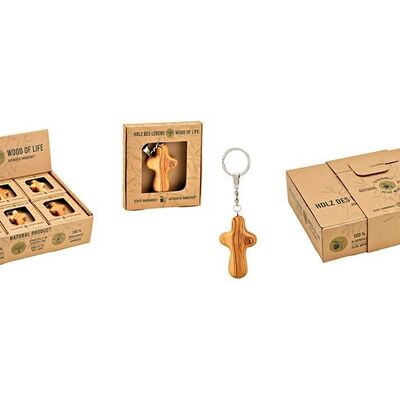 Porte-clés croix dans une boîte cadeau, fait main en bois d'olivier, (L/H/P) 2,3x1,6x0,5 cm