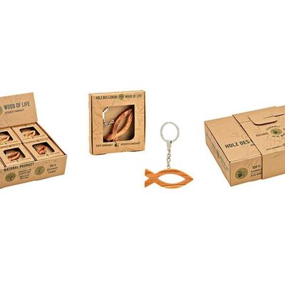 Porte-clés poisson dans une boîte cadeau, fabriqué à la main en bois d'olivier, (L/H/P) 1,2x2,5x0,7 cm