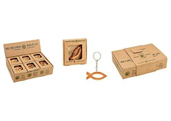 Porte-clés poisson dans une boîte cadeau, fabriqué à la main en bois d'olivier, (L/H/P) 1,2x2,5x0,7 cm